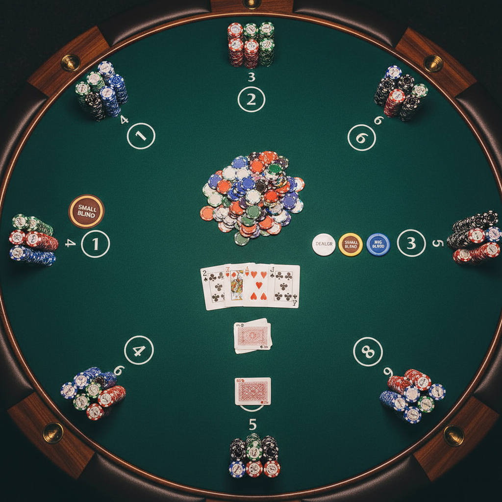 Overhead view of a poker table with labeled player seats, community cards, chips, and dealer, small blind, big blind, and button positions.