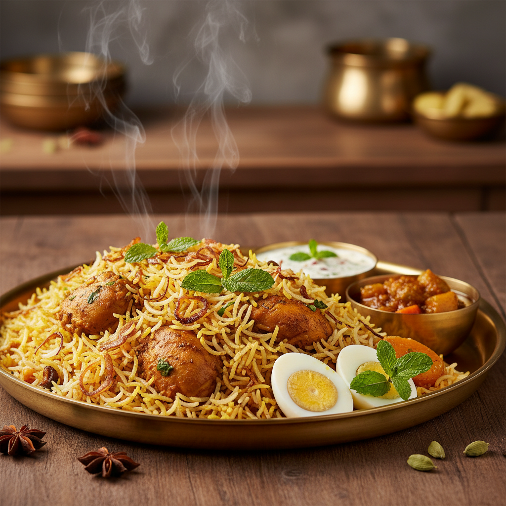 Close-up of chicken biryani with saffron rice, fried onions, mint, eggs, raita, and pickle on a brass plate.