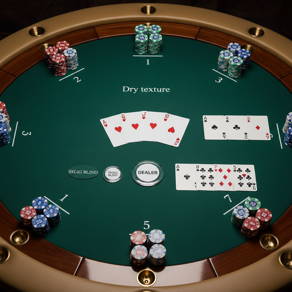 Overhead view of a poker table layout with numbered seats, community cards, chips, and labels for dealer positions.