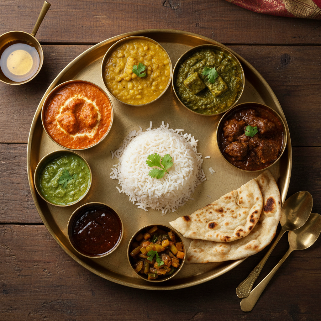 Overhead shot of a colorful Indian thali with curries, rice, naan, and chutneys arranged on a wooden table.